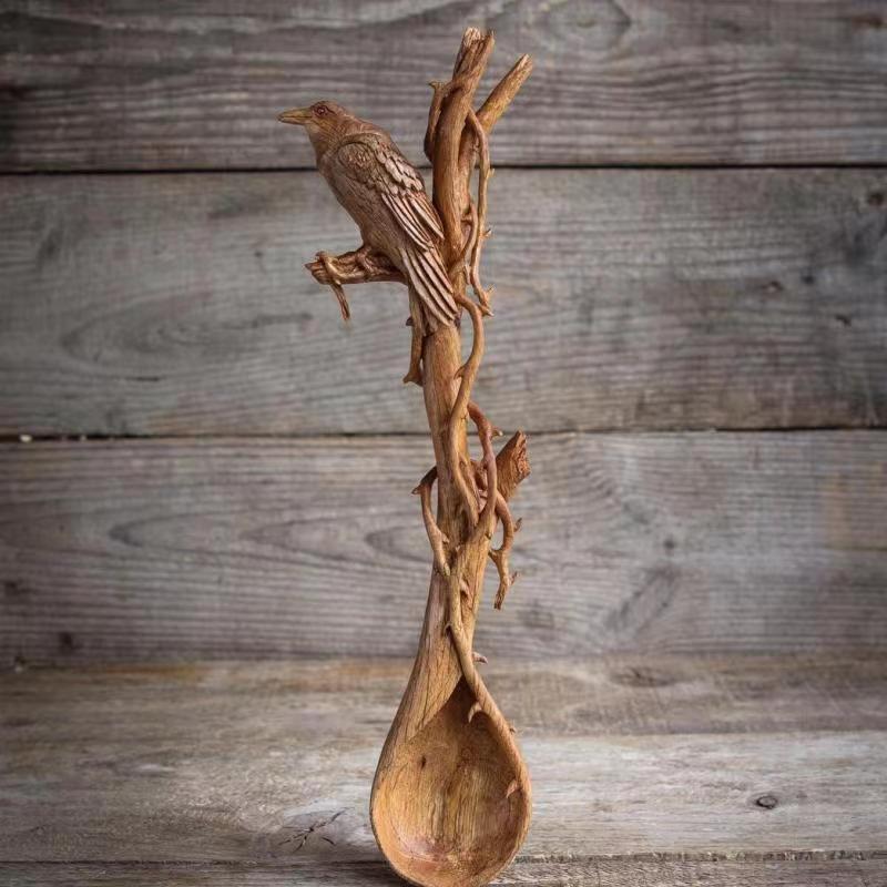 Hand-Carved Wooden Spoon Ornament for Natural Wall Décor